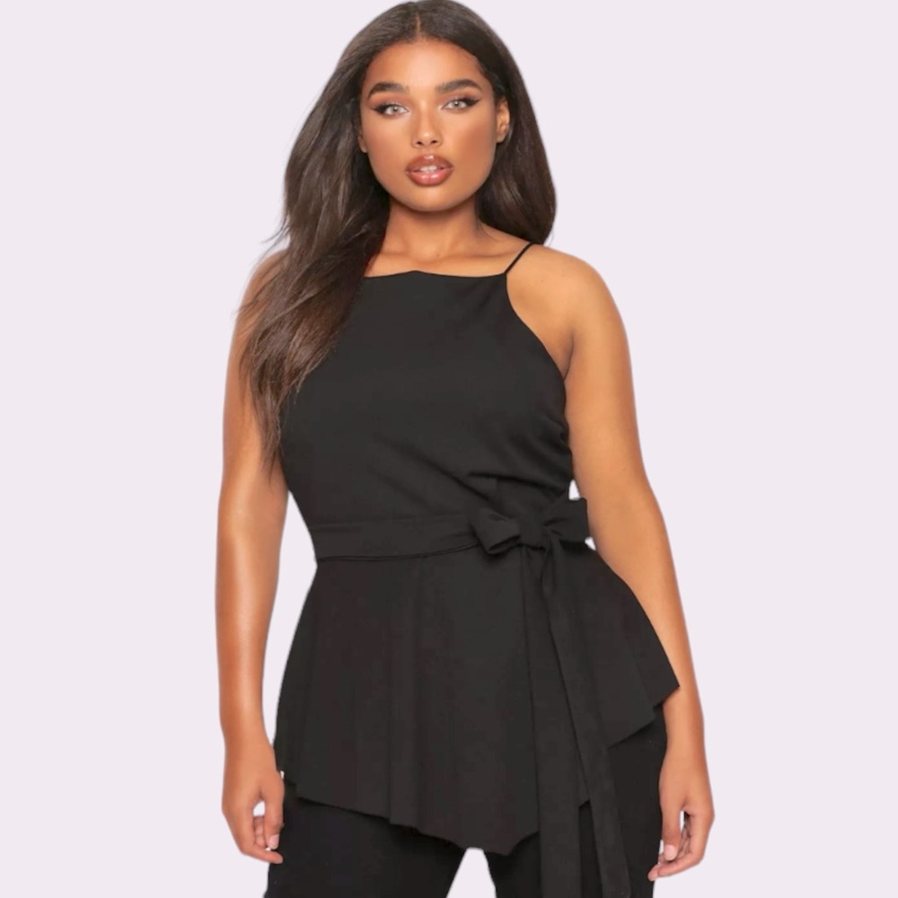 NEW boohoo Crepe Tie Front Top, Black Size 16